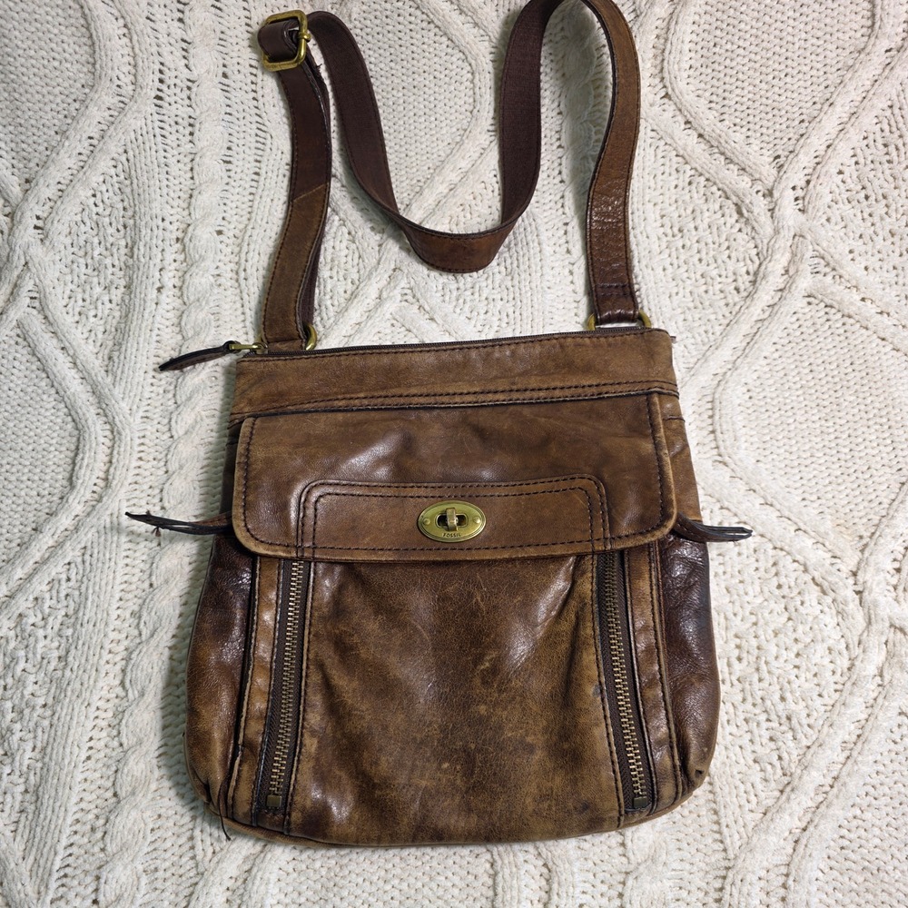 Fossil‎ Crossbody Bag Brown Leather Distressed Multi-Pocket Womens Medium